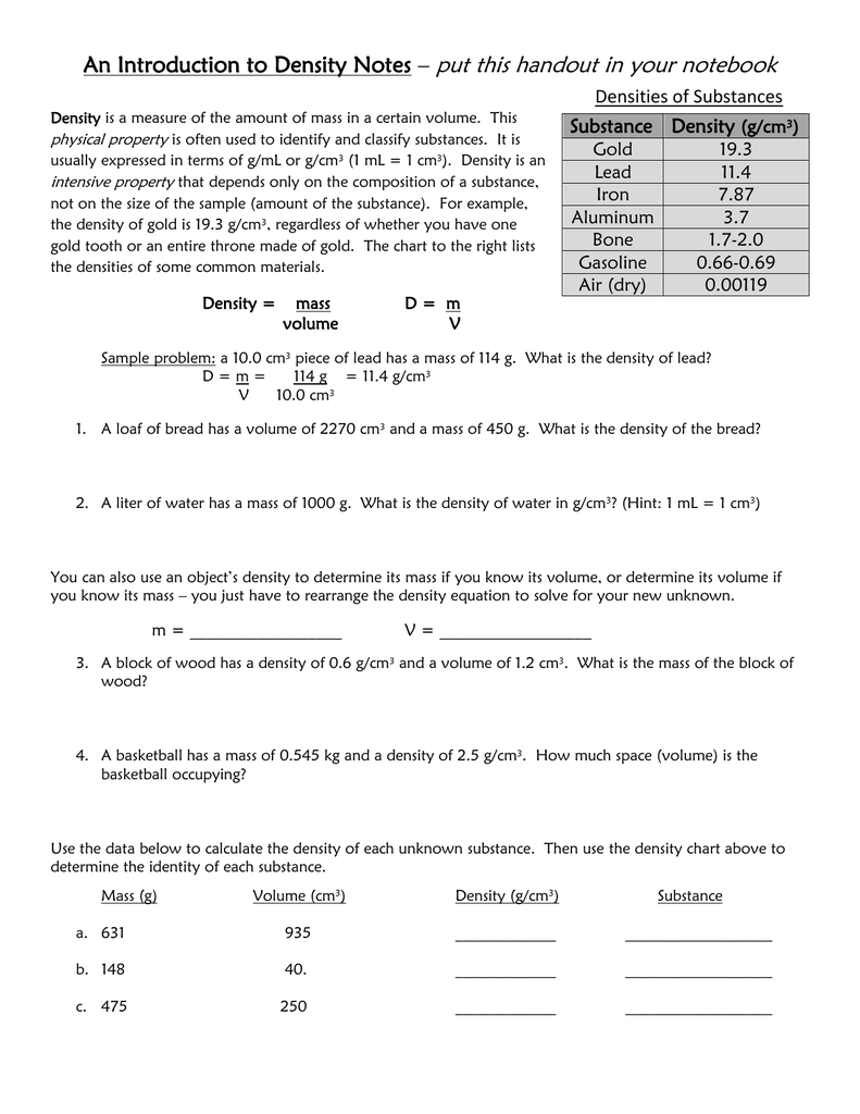 Density Practice Problem Worksheet