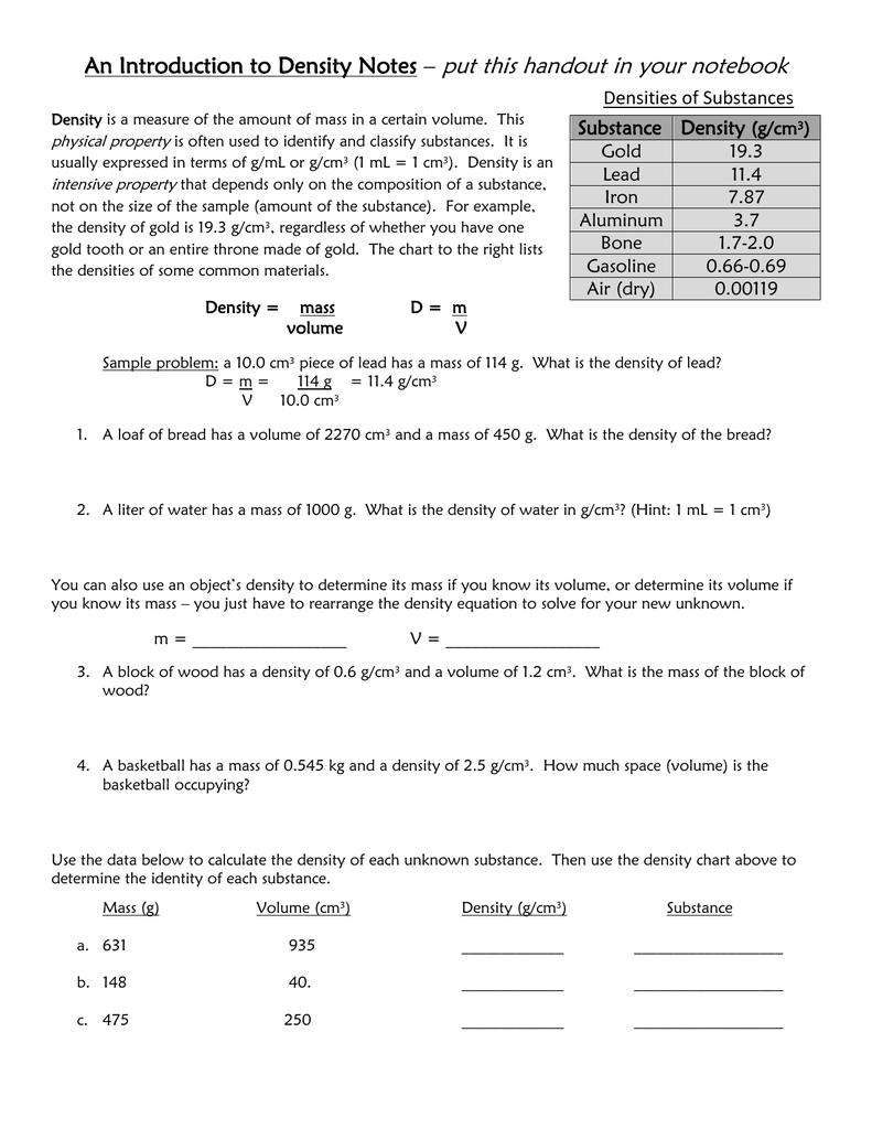 Density Practice Problems Worksheet