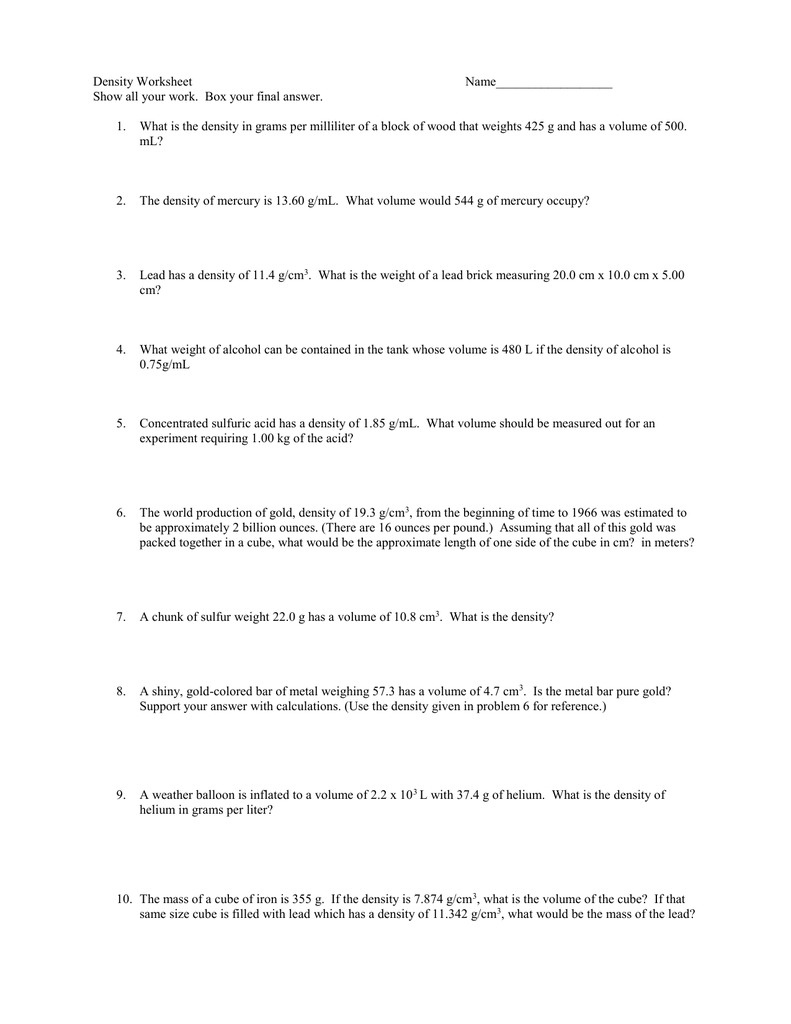 Density Worksheet