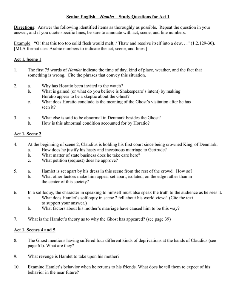 Senior English Ap Hamlet Act 1 Study Questions