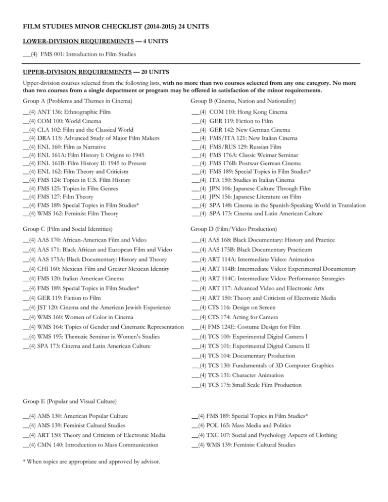 Film Studies Minor Checklist