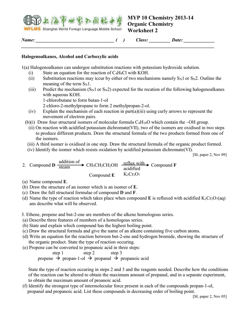 MYP 211 Chemistry 211-211 Organic Chemistry Worksheet 21 Pertaining To Organic Chemistry Worksheet With Answers