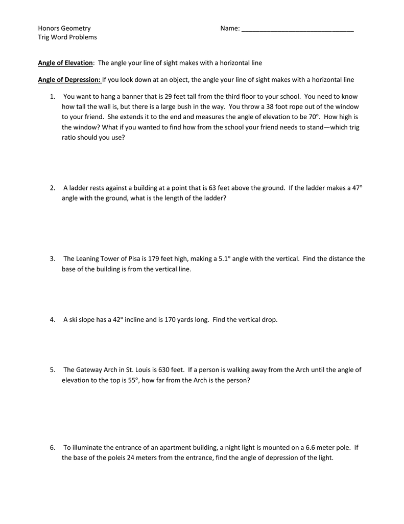 Geometry Trig Review Worksheet - Nidecmege With Trig Word Problems Worksheet Answers