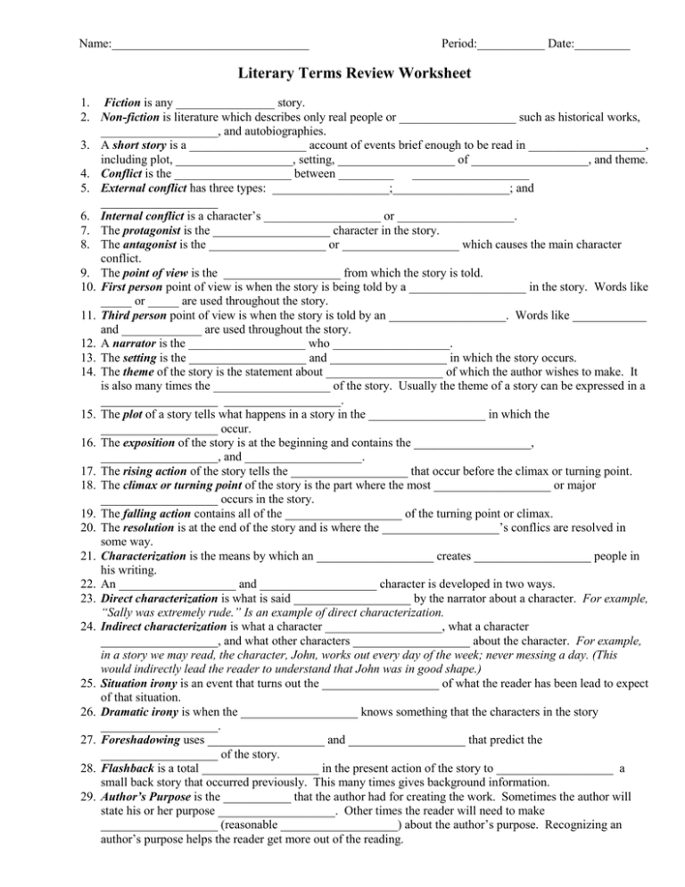 Literary Terms Definitions Review Worksheet