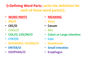 I)-Defining Word Parts: Write the definition for each of these word parts.