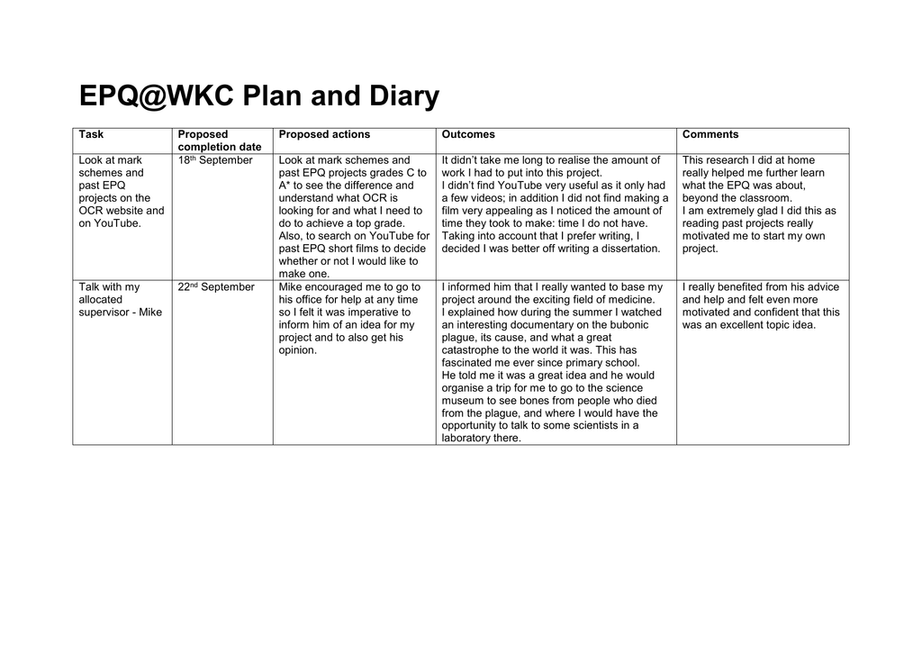 EPQ WKC Plan And Diary