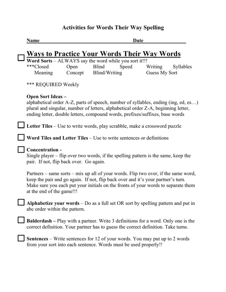 Activities For Words Their Way Nightly Practice