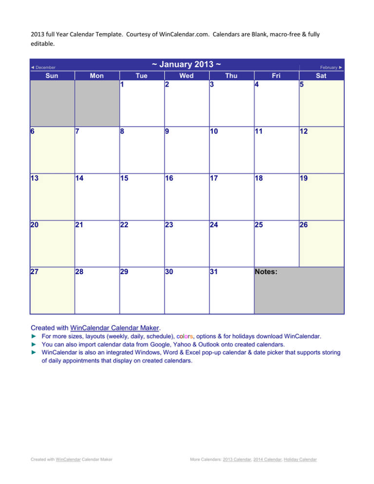 2013 Calendar Year - My Excel Templates
