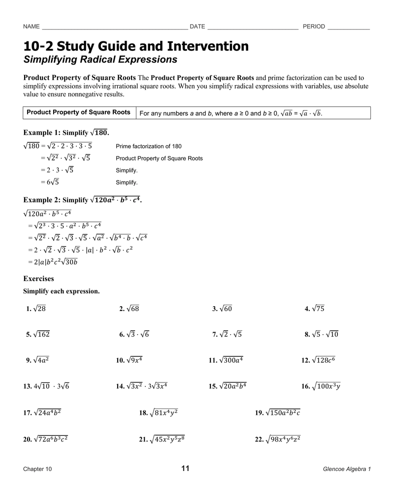 11 1 Study Guide And Intervention Simplifying Radical Expressions 11 1 Study Guide And Intervention Simplifying Radical Expressions