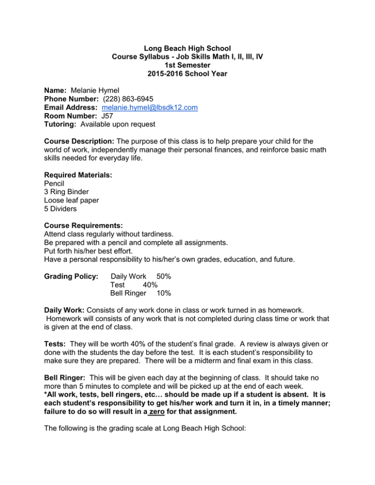 Job Skills Math Syllabus Long Beach School District
