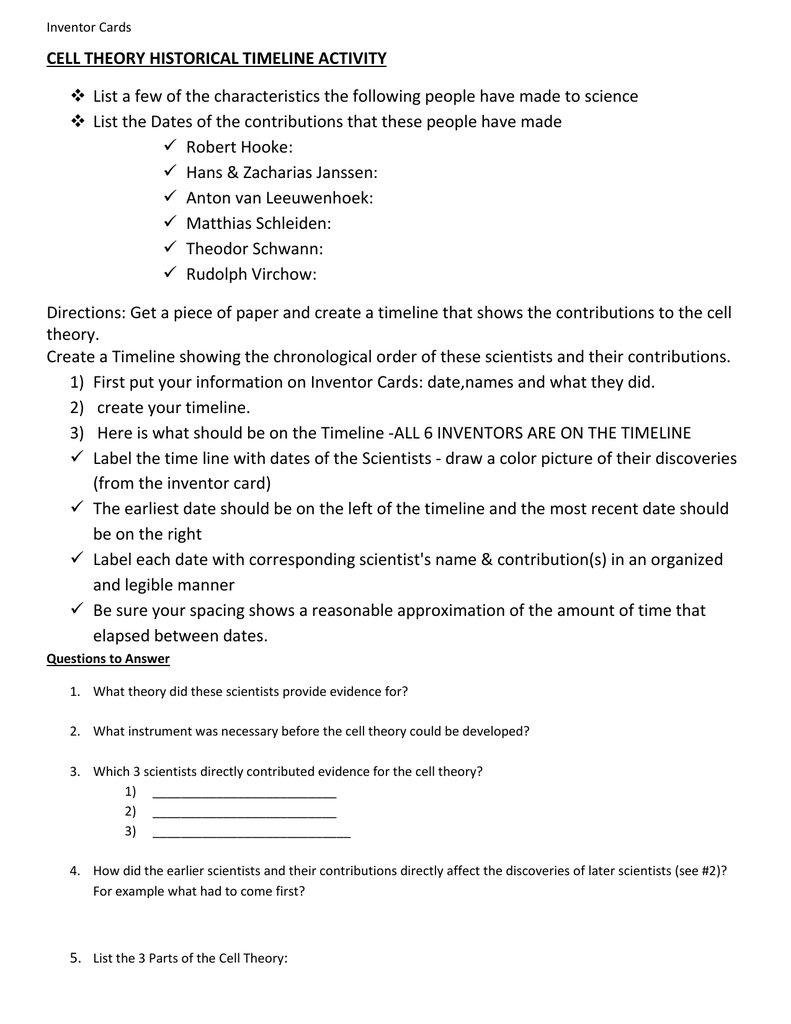 Cell Theory Historical Timeline Activity