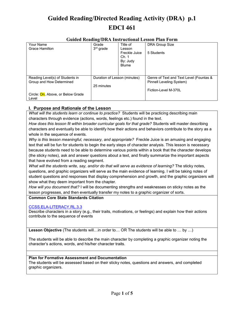 Guided Reading Dra Instructional Lesson Plan Form