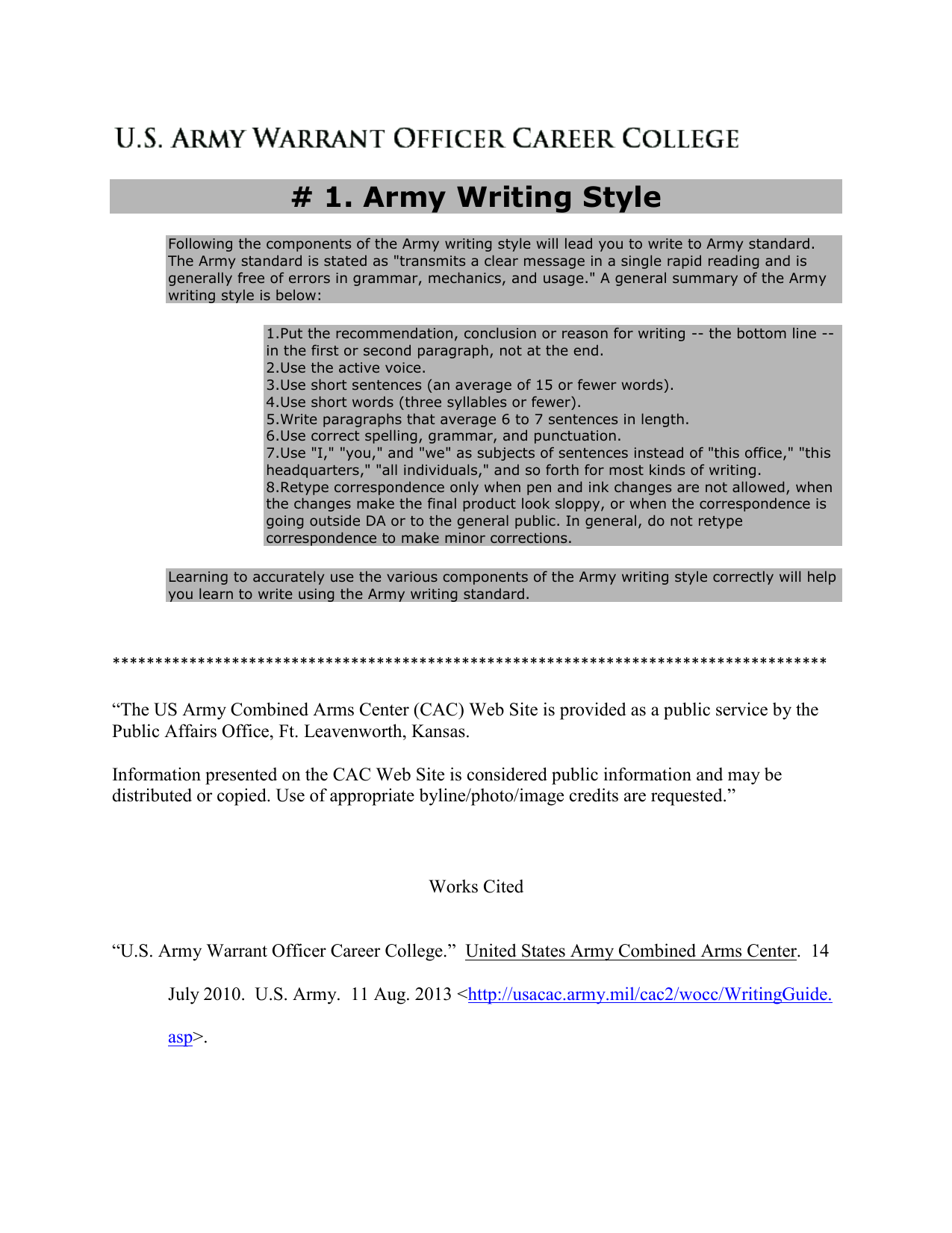 army writing style essay example