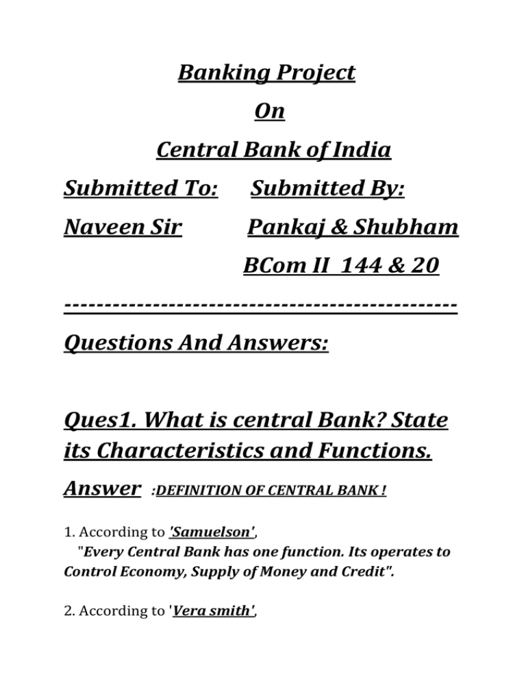 definition of central bank and its functions