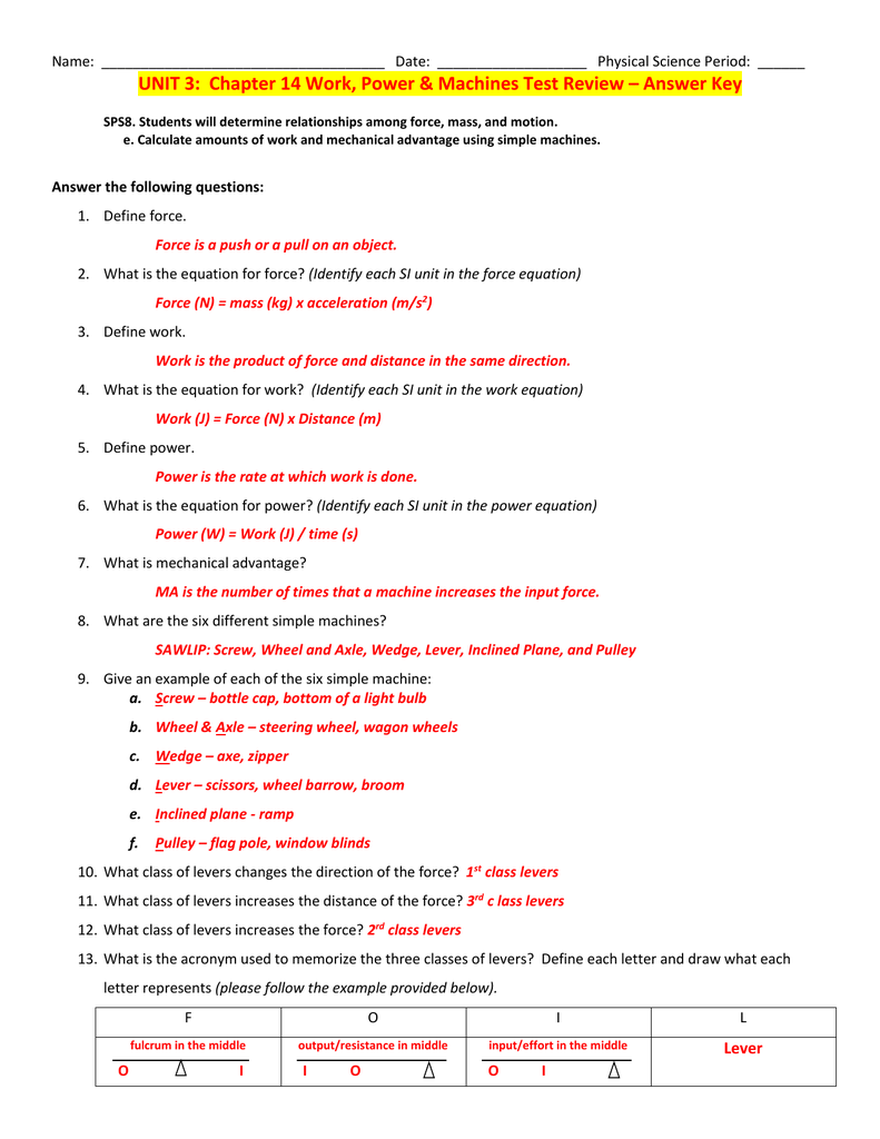 UNIT 3: Chapter 14 Work, Power & Machines Test Review - Answer