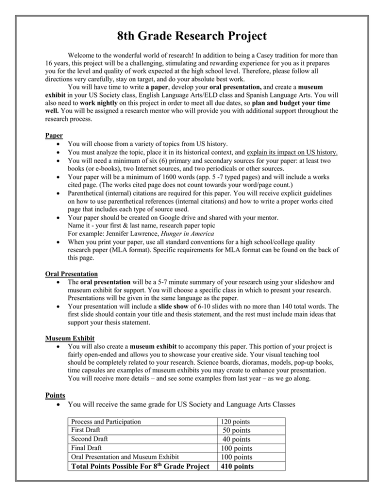 Criteria And Format For 8th Grade Research Paper