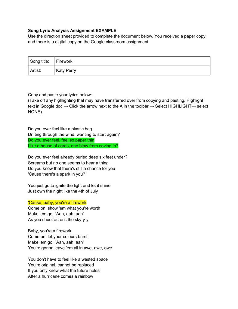 Song Lyric Analysis Assignment EXAMPLE