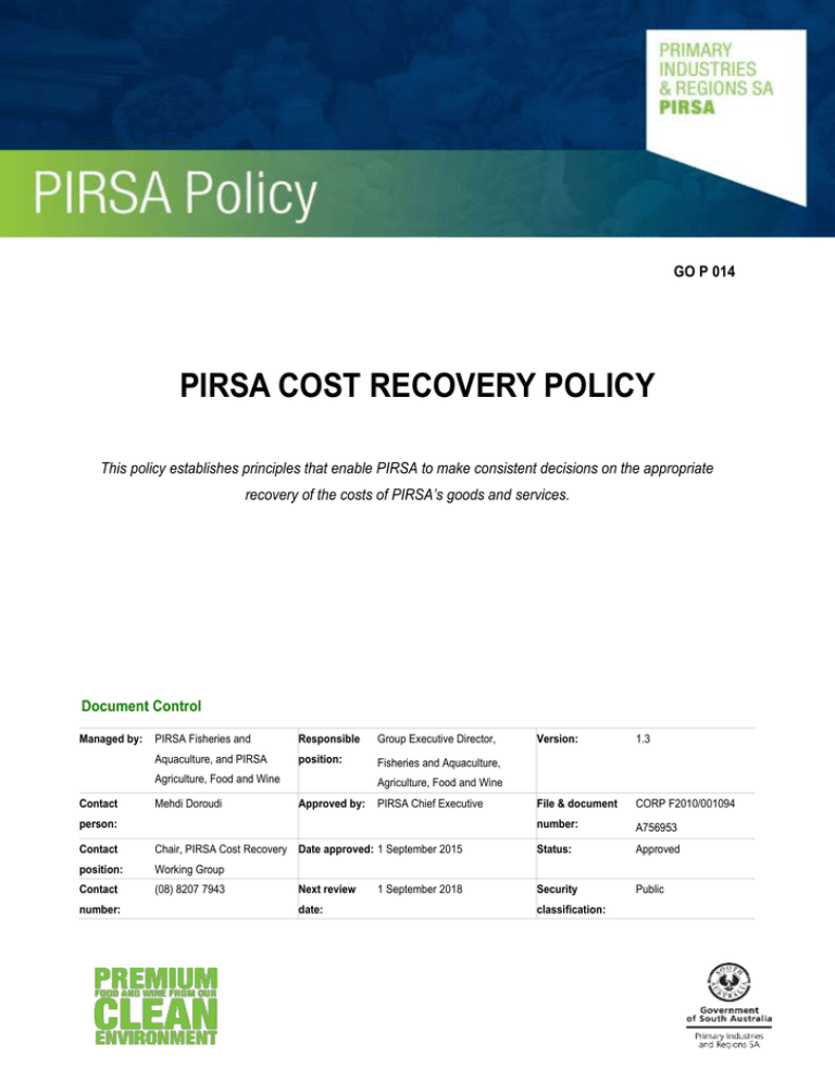 PIRSA COST RECOVERY POLICy 