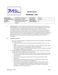 Job Description HR Manager - Plant Organization Trim Masters