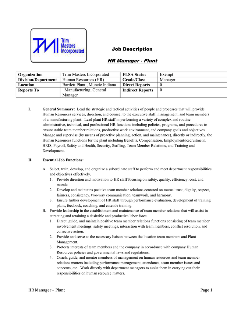  General Manager Job Description Manufacturing The Cover Letter For 