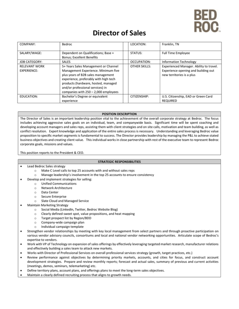 Director Of Sales Job Description