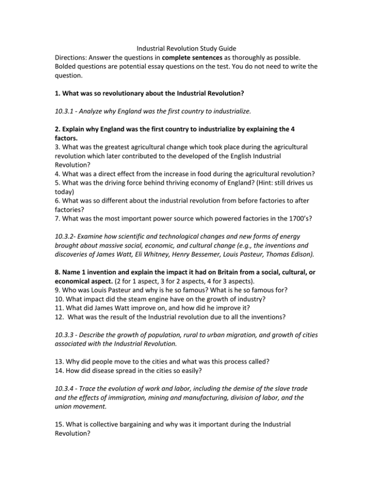 Industrial Revolution Study Guide Industrial Revolution Study Guide