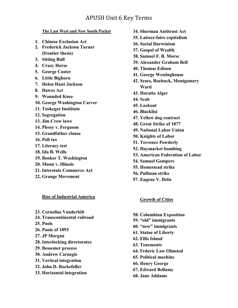 APUSH Unit 6 Key Terms