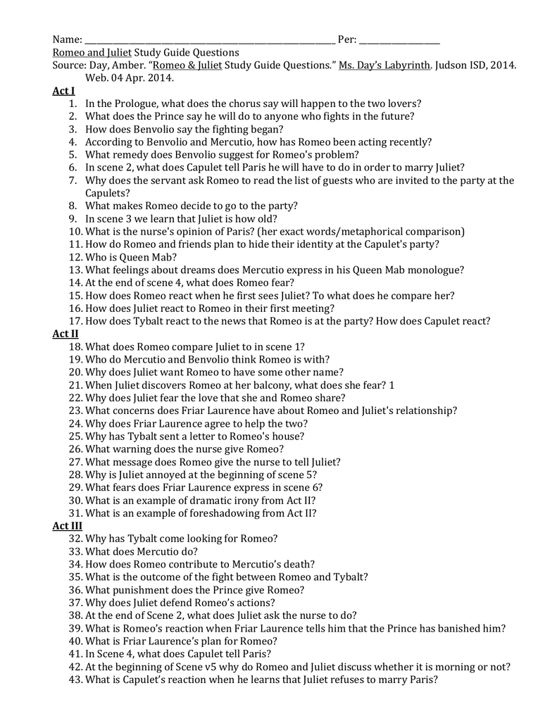 Name Per Romeo And Juliet Study Guide Questions Source Day Name Per Romeo And Juliet Study Guide Questions Source Day