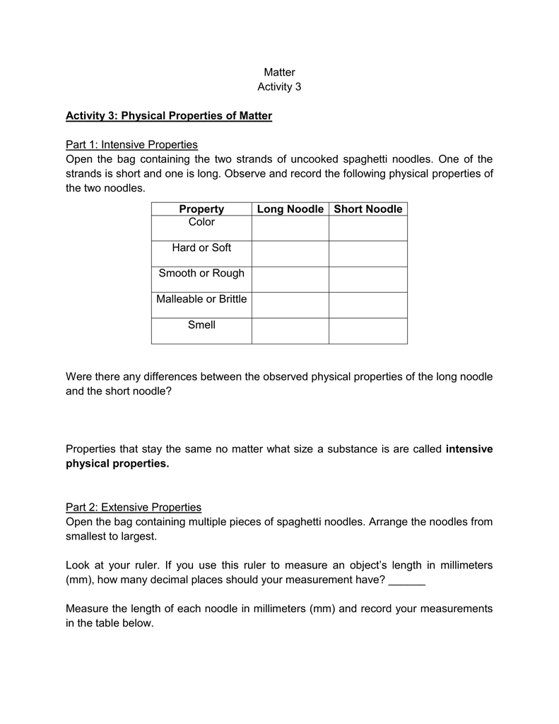 Physical Properties of Matter Intended For Physical Properties Of Matter Worksheet