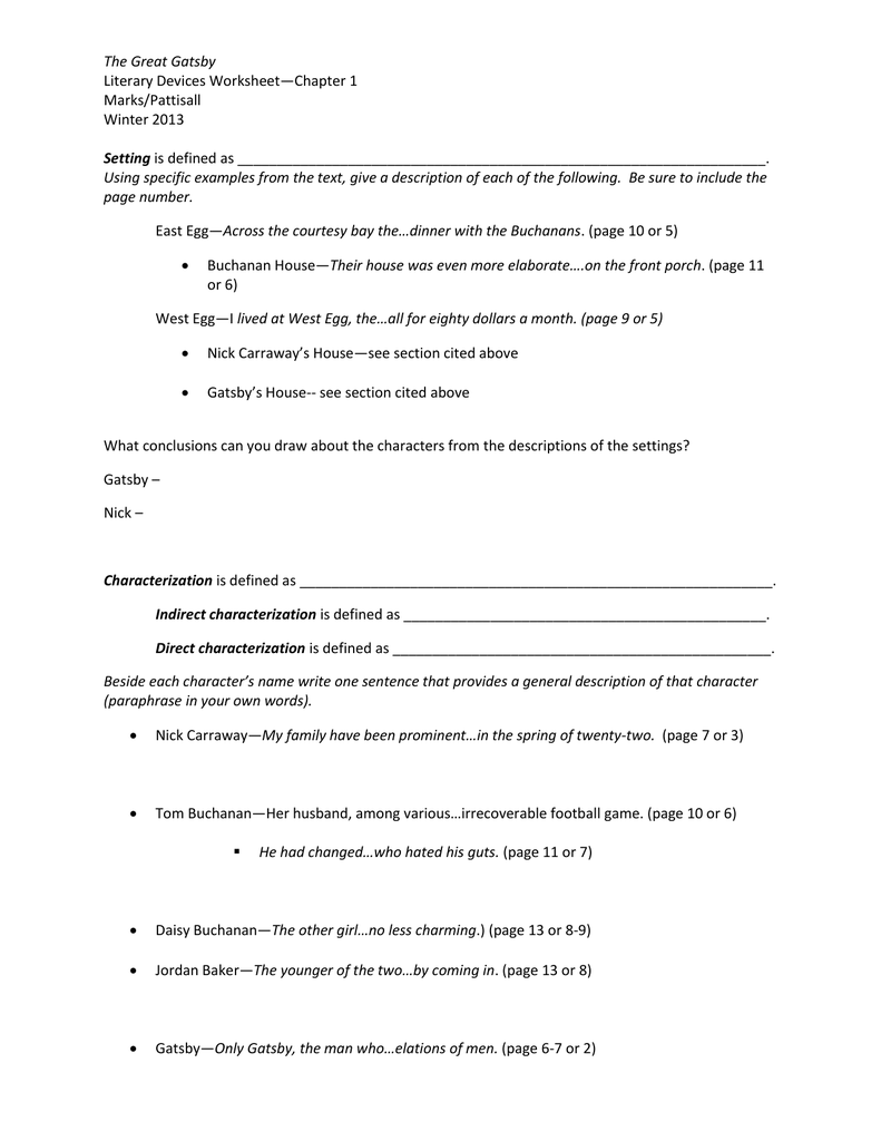 The Great Gatsby Literary Devices Worksheet Ch 1 Exemplar