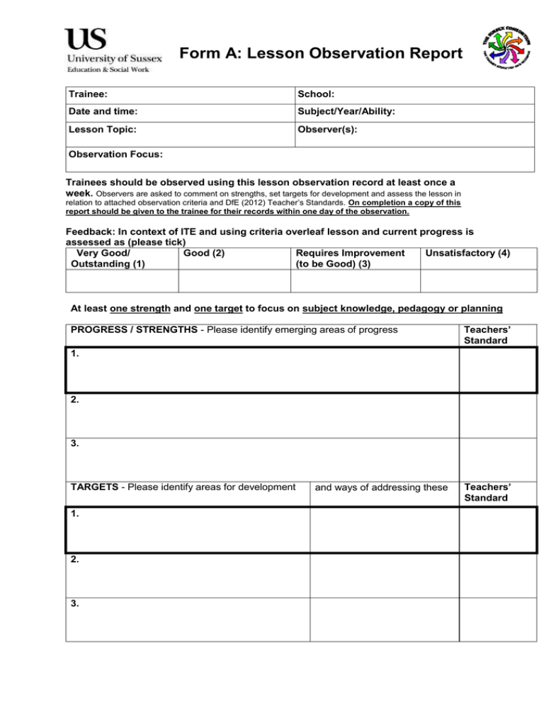 Form A: Lesson Observation Report (2015/16