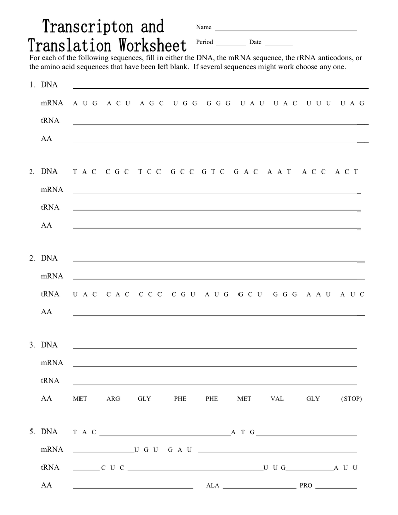 Transcription and Translation Worksheet Within Transcription And Translation Worksheet