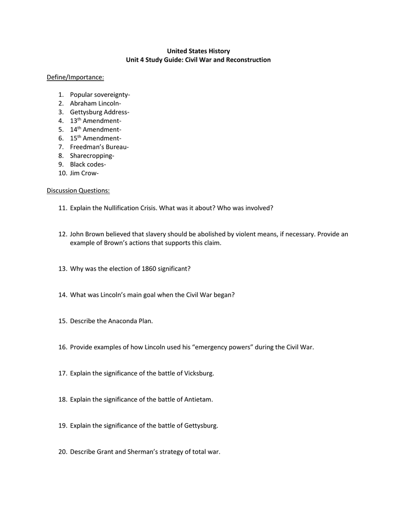 Chapter 11 The Civil War Study Guide Answers - Study Poster