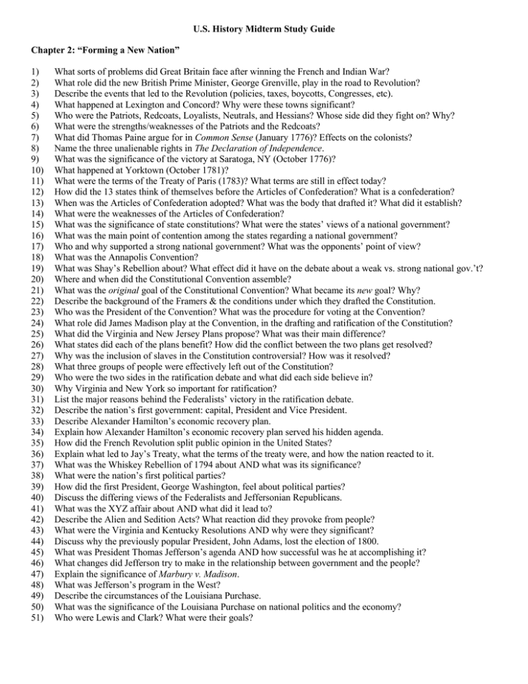 U S History Midterm Study Guide Chapter 2 Forming A New Nation