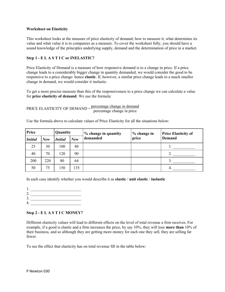 Determining Elasticity Of Demand Worksheet Answers