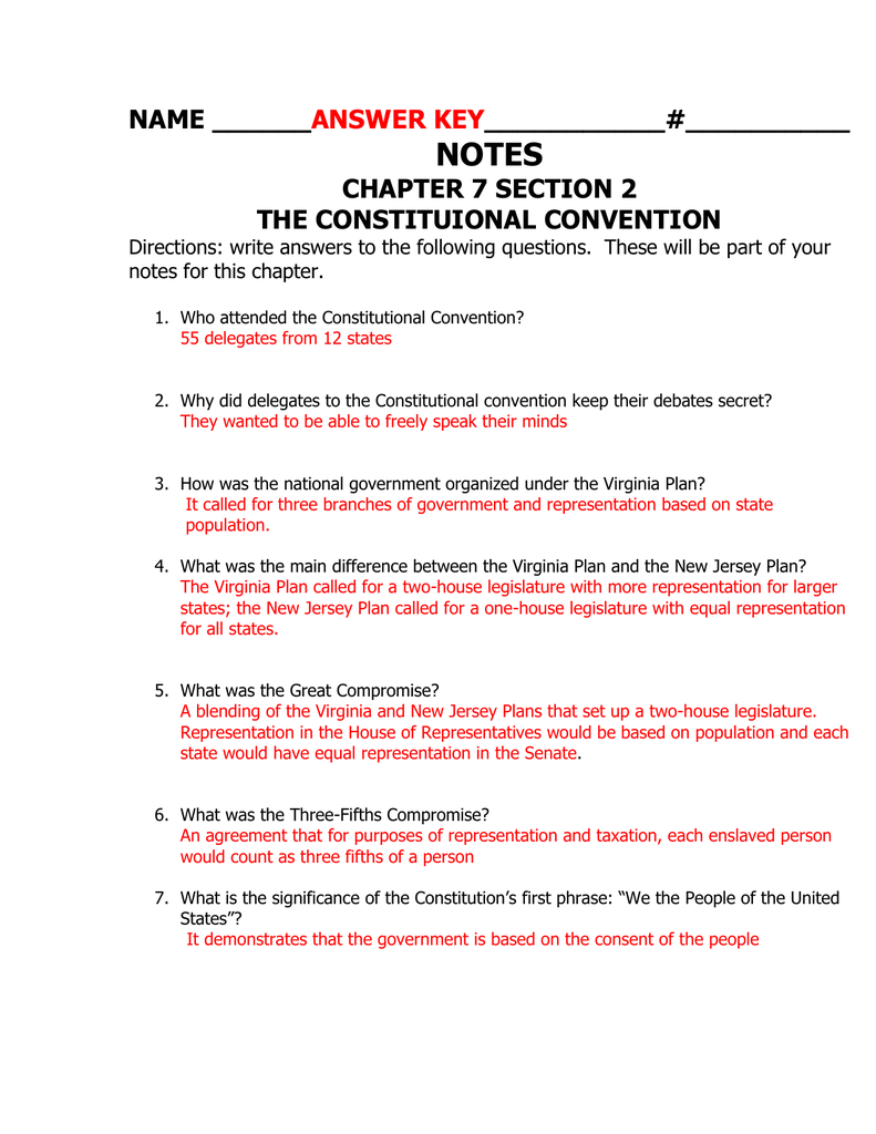 Constitutional Convention Worksheet Answers