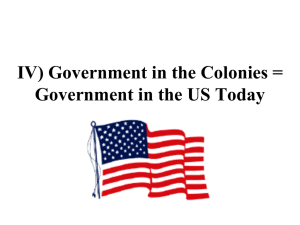 IV) Government in the Colonies = Government in the US Today