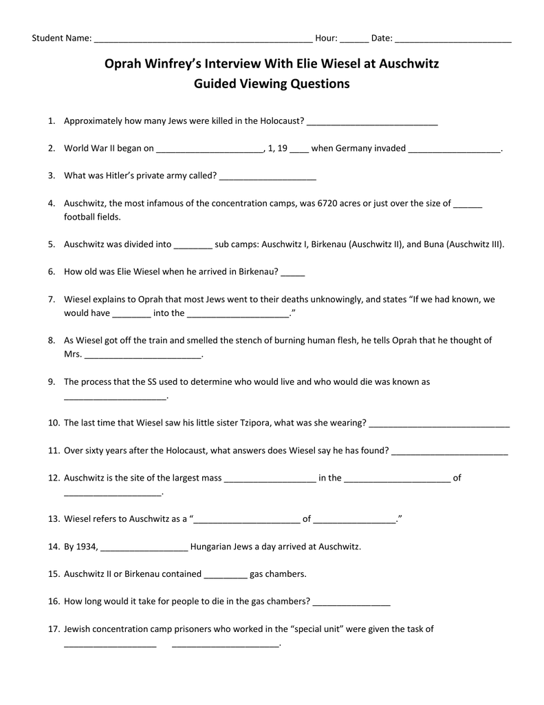 Night Elie Wiesel Worksheet Answers