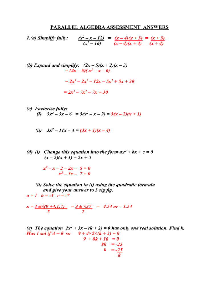 Algebra Assessment Solutions Algebra And