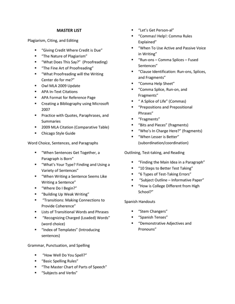 A List Of Documents Available