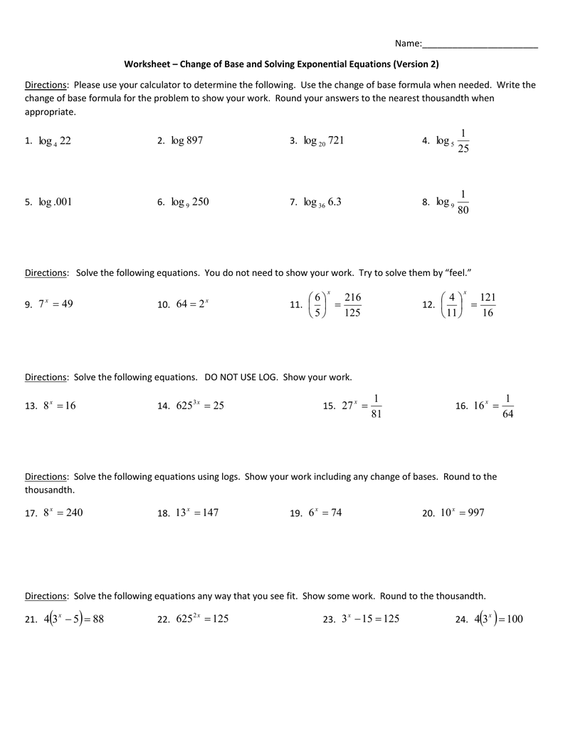 Change of Base and Solving Exponential Equations (ver 25) For Solving Exponential Equations Worksheet