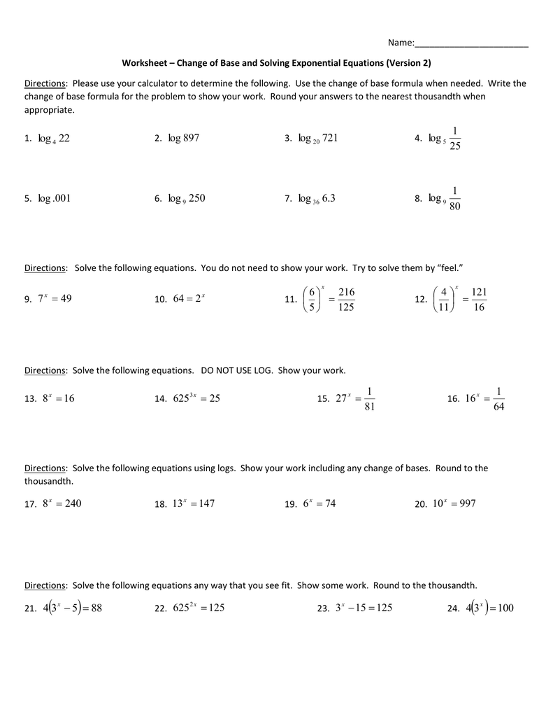 Change of Base and Solving Exponential Equations (ver 21) For Solving Exponential Equations Worksheet