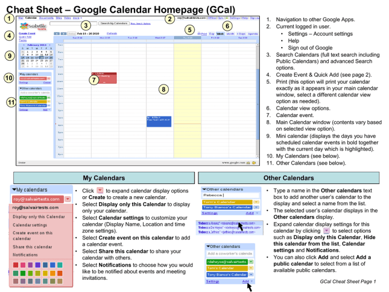 Cheat Sheet Google Calendar Homepage (GCal Create Event