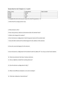 Review Sheet for Unit 2 Chapters 3, 4 , 5 and 24 Mass ( amu