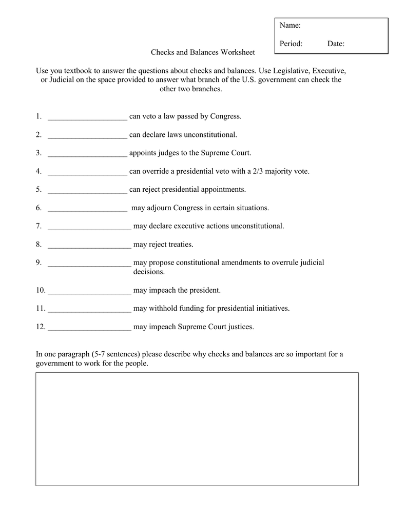 Checks and Balances Worksheet In Checks And Balances Worksheet Answers