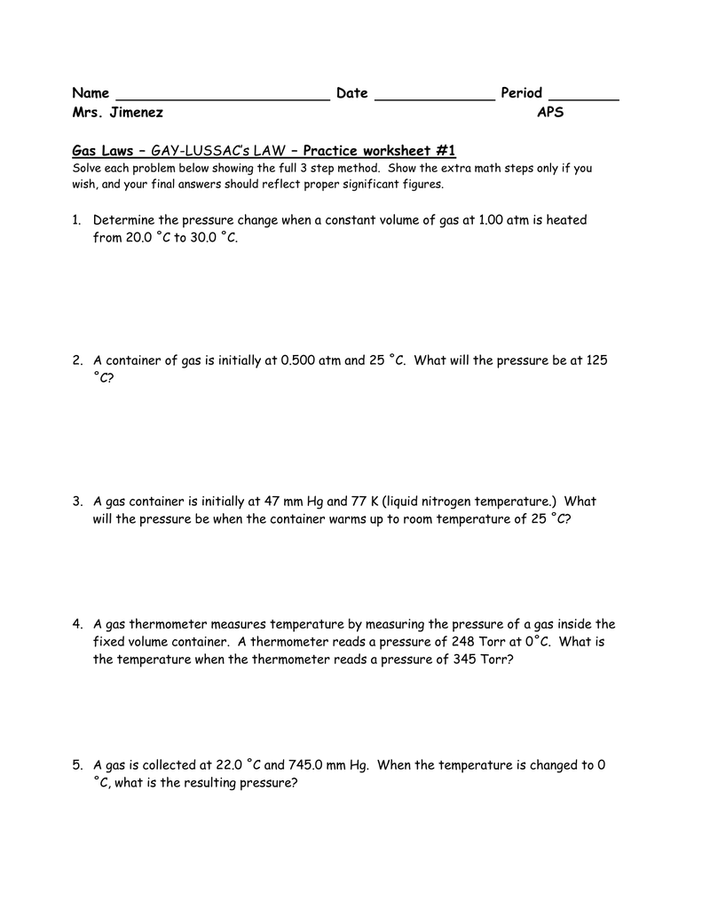 Gay Lussac Law Worksheet Answer Key