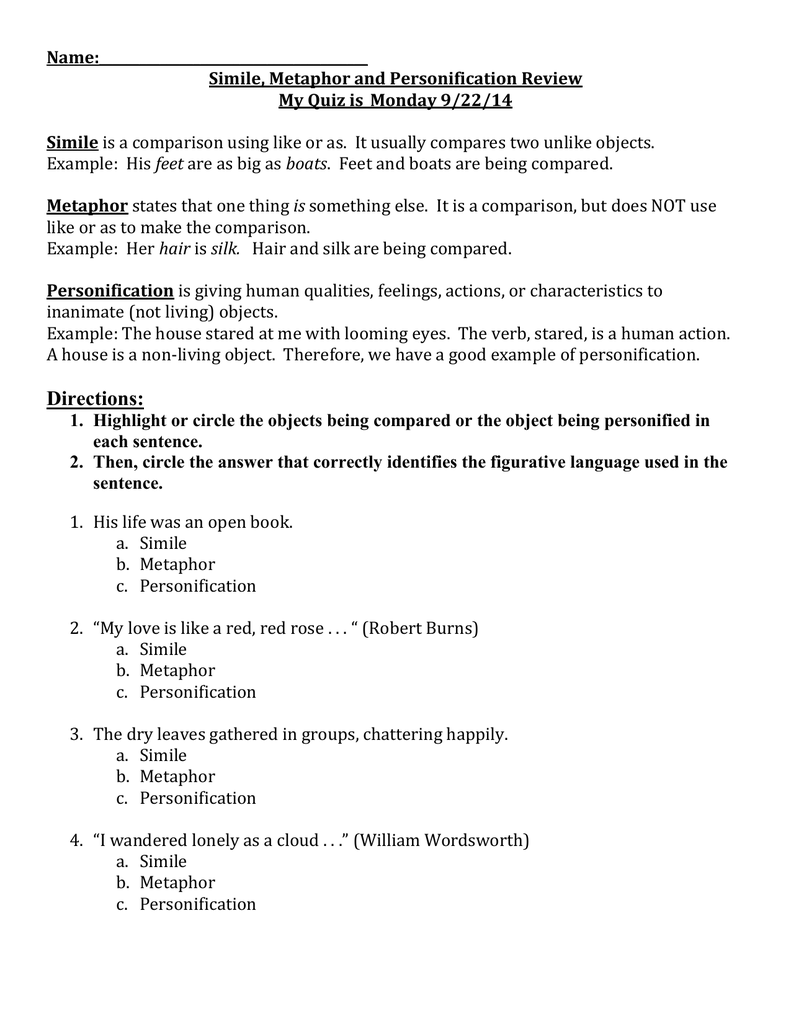 Simile Metaphor And Personification Worksheet