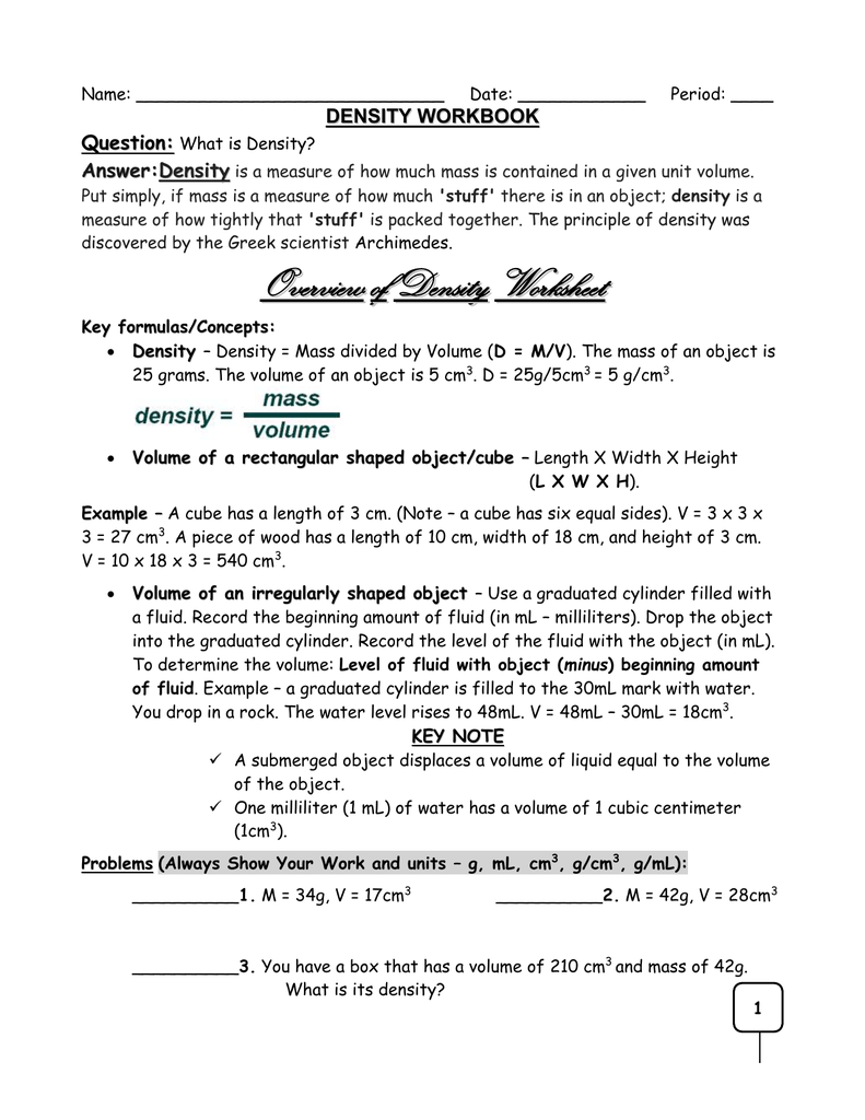 Density Worksheet With Note