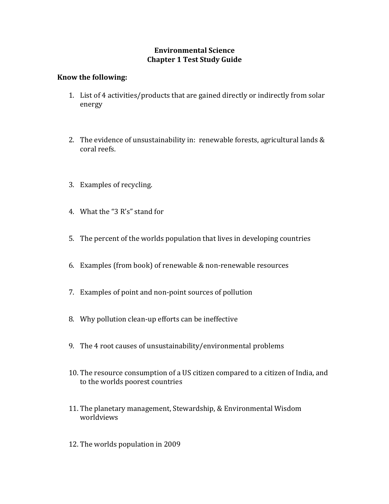environmental science chapter 1 test study guide know the