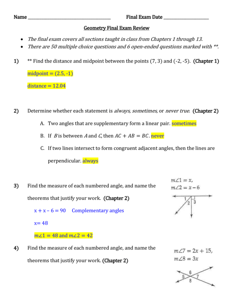 Final Review Packet ANSWER KEY